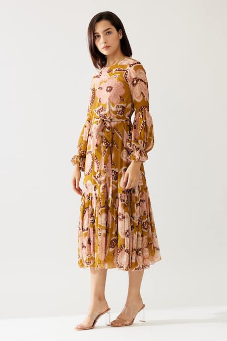 Buy_Koai_Yellow Chiffon Round Neck Floral Print Midi Dress _Online_at_Aza_Fashions