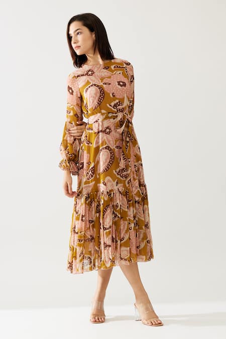 Shop_Koai_Yellow Chiffon Round Neck Floral Print Midi Dress _Online_at_Aza_Fashions