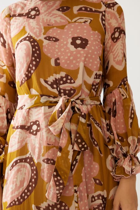 Koai_Yellow Chiffon Round Neck Floral Print Midi Dress _at_Aza_Fashions