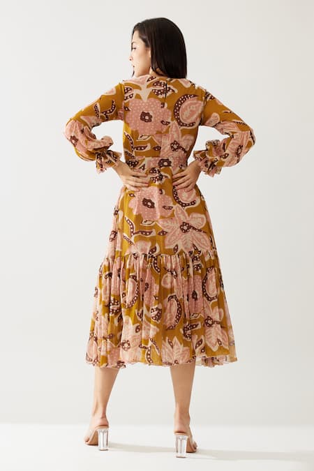 Buy_Koai_Yellow Chiffon Round Neck Floral Print Midi Dress 