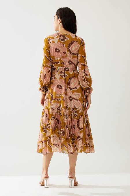 Shop_Koai_Yellow Chiffon Round Neck Floral Print Midi Dress _at_Aza_Fashions