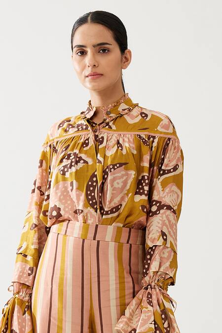 Shop_Koai_Yellow Cotton, Silk Embroidery Collared Floral Print Top _Online_at_Aza_Fashions