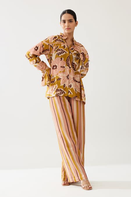 Koai_Yellow Cotton, Silk Stripe Print Pant _Online_at_Aza_Fashions