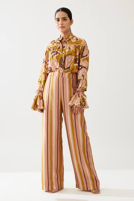 Buy_Koai_Yellow Cotton, Silk Stripe Print Pant _Online_at_Aza_Fashions