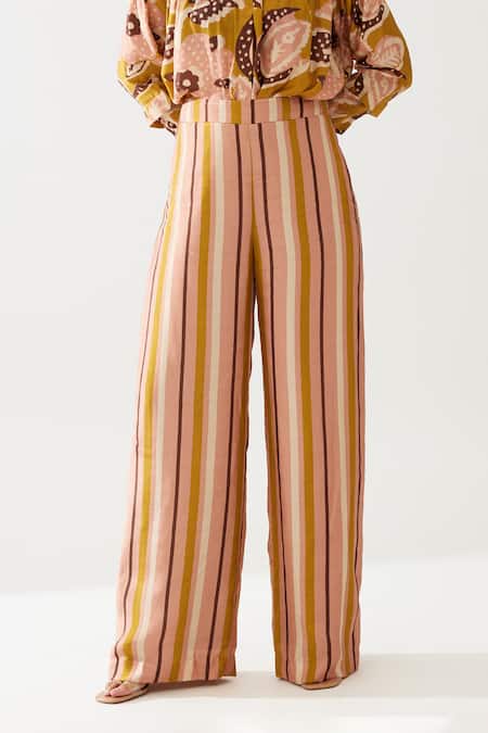 Shop_Koai_Yellow Cotton, Silk Stripe Print Pant _Online_at_Aza_Fashions