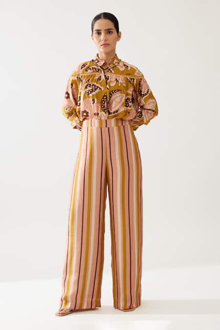 Koai_Yellow Cotton, Silk Stripe Print Pant _at_Aza_Fashions
