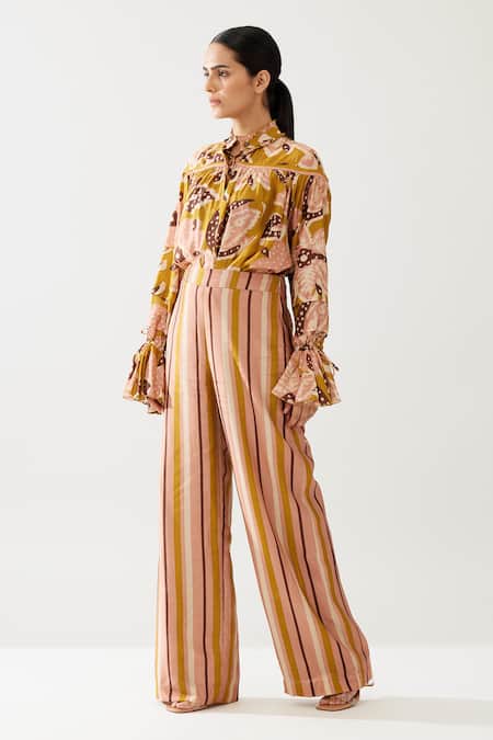 Buy_Koai_Yellow Cotton, Silk Stripe Print Pant 
