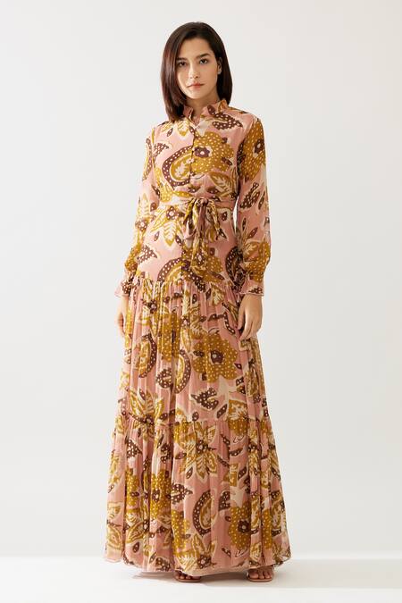 Koai_Yellow Chiffon Collared Tiered Pleated Floral Print Dress _Online_at_Aza_Fashions
