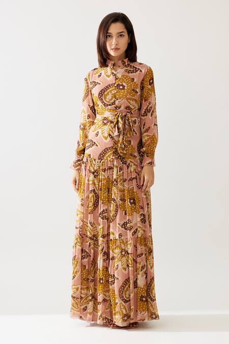 Buy_Koai_Yellow Chiffon Collared Tiered Pleated Floral Print Dress _Online_at_Aza_Fashions