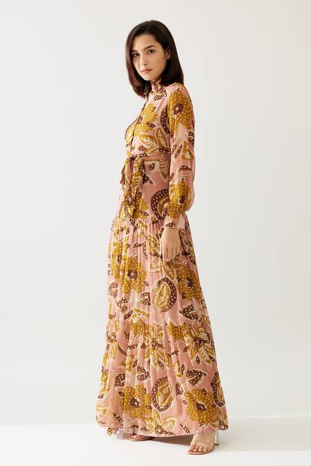 Shop_Koai_Yellow Chiffon Collared Tiered Pleated Floral Print Dress _Online_at_Aza_Fashions
