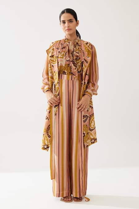 Koai_Yellow Chiffon Embroidery Floral Print Bow Tie-up Top _Online_at_Aza_Fashions