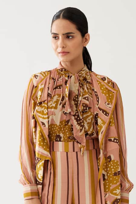 Buy_Koai_Yellow Chiffon Embroidery Floral Print Bow Tie-up Top _Online_at_Aza_Fashions