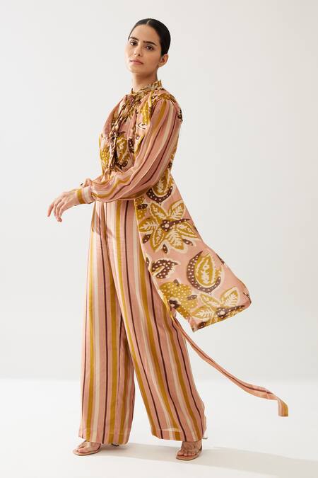 Koai_Yellow Chiffon Embroidery Floral Print Bow Tie-up Top _at_Aza_Fashions