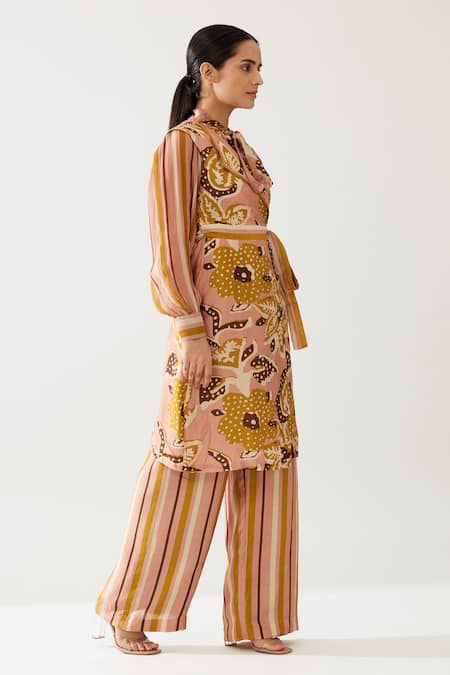 Koai Yellow Cotton, Silk Stripe Print Pant Online at Aza Fashions Koai_Yellow Cotton, Silk Stripe Print Pant _Online_at_Aza_Fashions