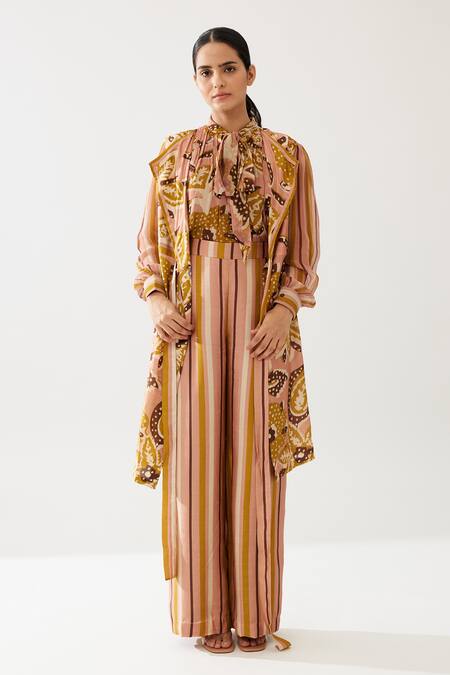 Shop Koai Yellow Cotton, Silk Stripe Print Pant Online at Aza Fashions Shop_Koai_Yellow Cotton, Silk Stripe Print Pant _Online_at_Aza_Fashions