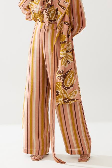 Koai Yellow Cotton, Silk Stripe Print Pant at Aza Fashions Koai_Yellow Cotton, Silk Stripe Print Pant _at_Aza_Fashions