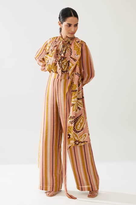 Buy Koai Yellow Cotton, Silk Stripe Print Pant Buy_Koai_Yellow Cotton, Silk Stripe Print Pant