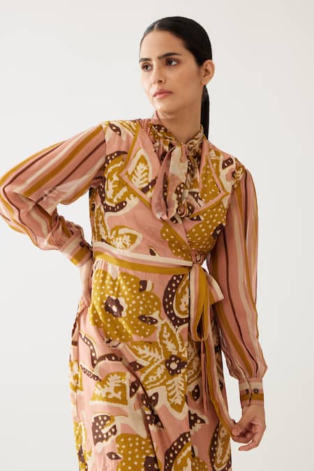 Buy_Koai_Yellow Cotton, Silk Collared Floral Print Sleeveless Jacket _Online_at_Aza_Fashions