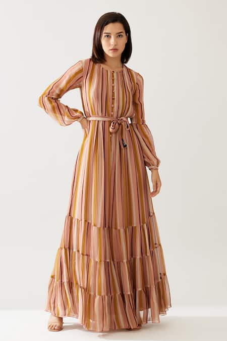 KoAi Stripe Print Tiered Maxi Dress 