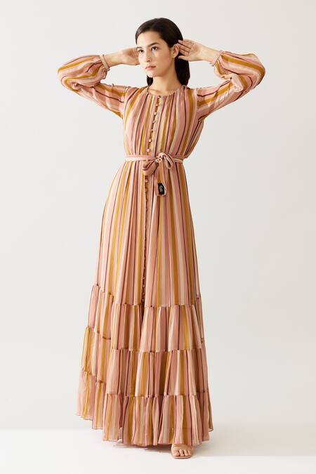 Koai_Yellow Chiffon Round Neck Stripe Print Tiered Maxi Dress _Online_at_Aza_Fashions