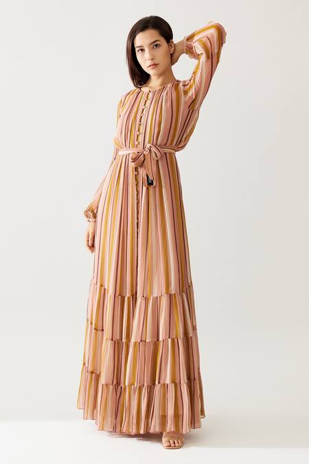 Buy_Koai_Yellow Chiffon Round Neck Stripe Print Tiered Maxi Dress _Online_at_Aza_Fashions