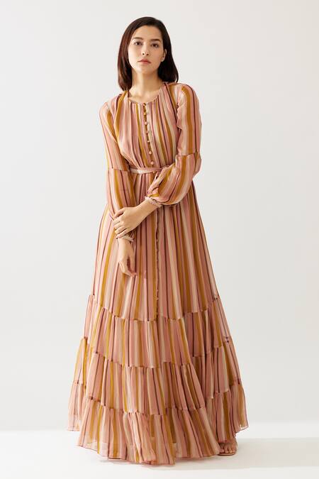Shop_Koai_Yellow Chiffon Round Neck Stripe Print Tiered Maxi Dress _Online_at_Aza_Fashions