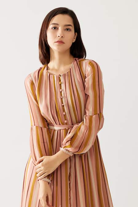 Koai_Yellow Chiffon Round Neck Stripe Print Tiered Maxi Dress _at_Aza_Fashions