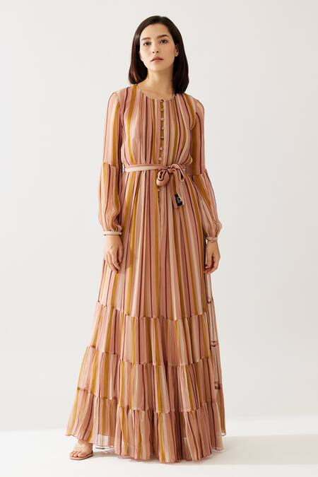 Buy_Koai_Yellow Chiffon Round Neck Stripe Print Tiered Maxi Dress 