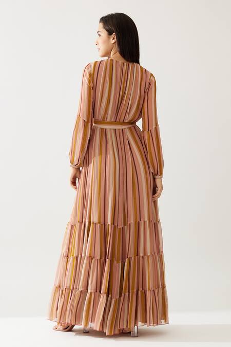 Shop_Koai_Yellow Chiffon Round Neck Stripe Print Tiered Maxi Dress _at_Aza_Fashions