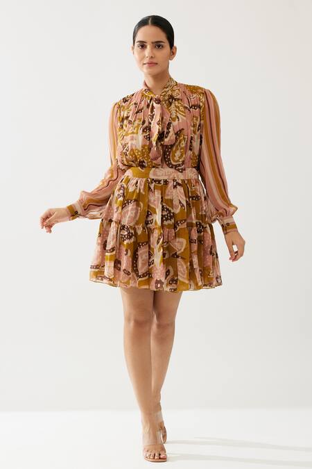 Shop Koai Yellow Chiffon Floral And Stripe Print Short Top Online at Aza Fashions Shop_Koai_Yellow Chiffon Floral And Stripe Print Short Top _Online_at_Aza_Fashions