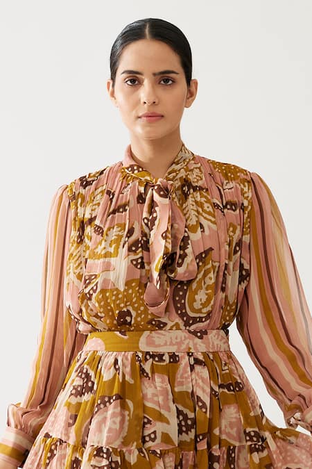 Koai Yellow Chiffon Floral And Stripe Print Short Top at Aza Fashions Koai_Yellow Chiffon Floral And Stripe Print Short Top _at_Aza_Fashions