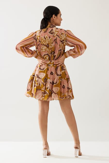 Shop Koai Yellow Chiffon Floral And Stripe Print Short Top at Aza Fashions Shop_Koai_Yellow Chiffon Floral And Stripe Print Short Top _at_Aza_Fashions