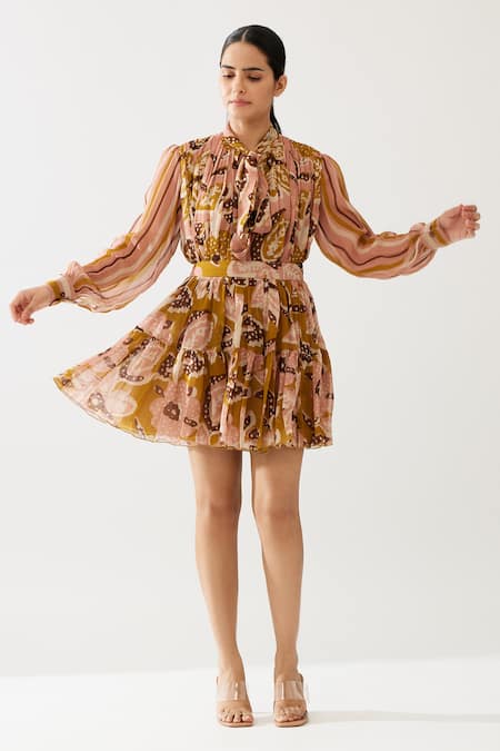 Koai_Yellow Chiffon Floral Print Tiered Skirt _Online_at_Aza_Fashions