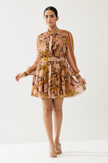 Buy_Koai_Yellow Chiffon Floral Print Tiered Skirt _Online_at_Aza_Fashions