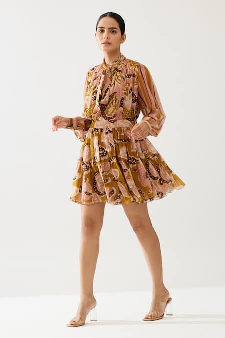 Shop_Koai_Yellow Chiffon Floral Print Tiered Skirt _Online_at_Aza_Fashions