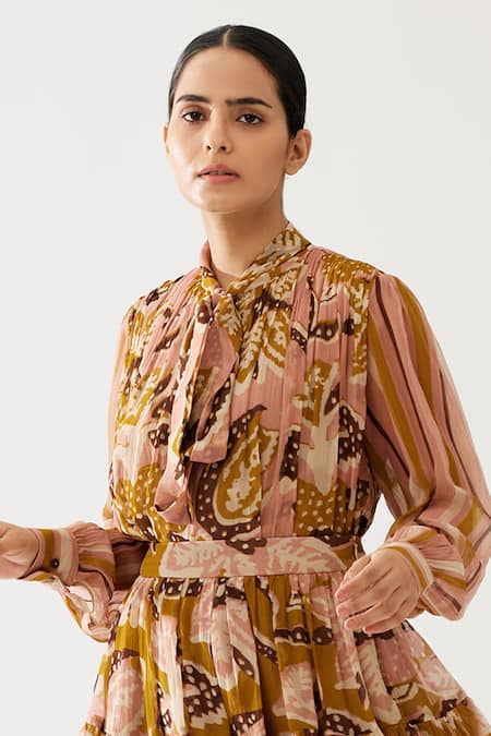 Koai_Yellow Chiffon Floral Print Tiered Skirt _at_Aza_Fashions