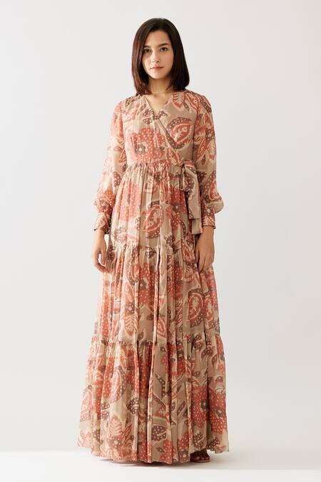 Koai_Grey Chiffon V-neck Floral Print Wrap Maxi Dress _Online_at_Aza_Fashions