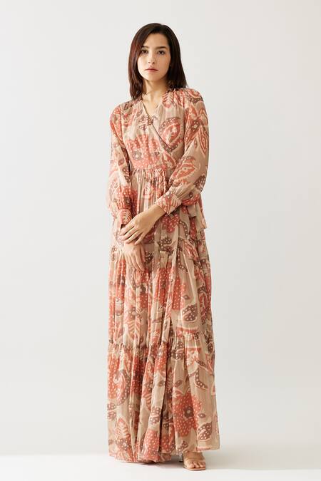 Koai_Grey Chiffon V-neck Floral Print Wrap Maxi Dress _at_Aza_Fashions