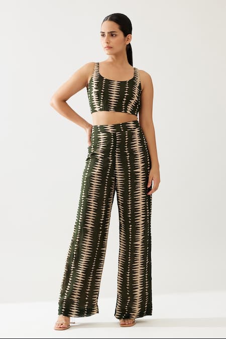 Koai_Green Chiffon Geometric Print Pant _Online_at_Aza_Fashions