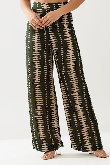 Buy_Koai_Green Chiffon Geometric Print Pant _Online_at_Aza_Fashions