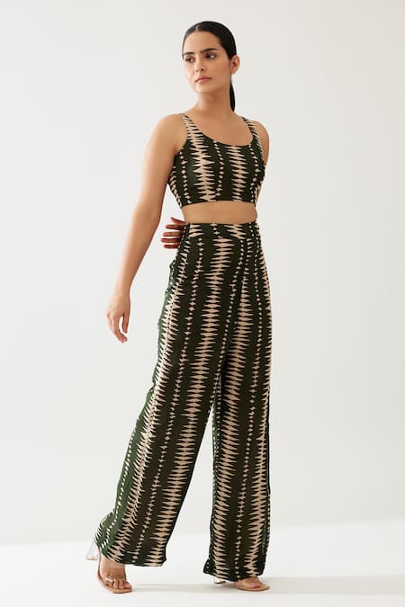 Shop_Koai_Green Chiffon Geometric Print Pant _Online_at_Aza_Fashions
