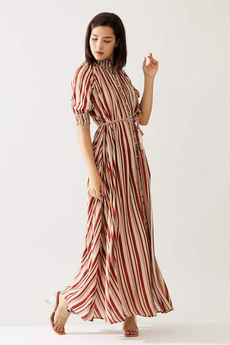 Koai_Red Cotton, Silk Collared Stripe Print Maxi Dress _Online_at_Aza_Fashions