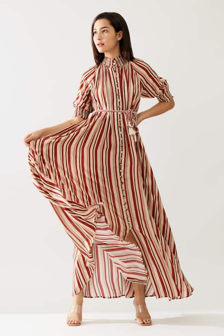Buy_Koai_Red Cotton, Silk Collared Stripe Print Maxi Dress _Online_at_Aza_Fashions
