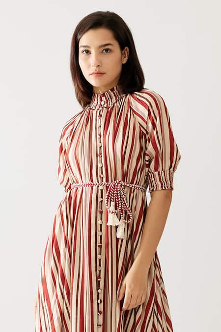 Shop_Koai_Red Cotton, Silk Collared Stripe Print Maxi Dress _Online_at_Aza_Fashions