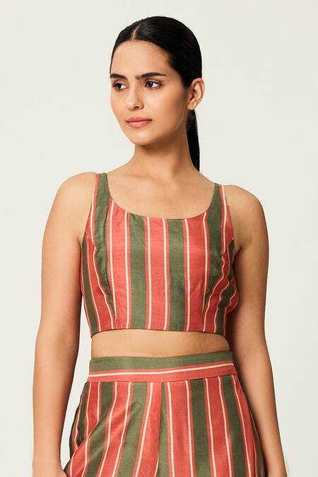 Koai_Red Cotton, Silk Stripe Print Pant _Online_at_Aza_Fashions