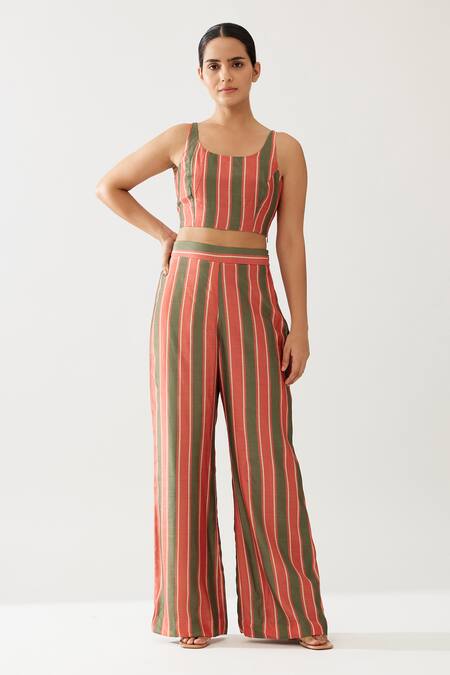 Buy_Koai_Red Cotton, Silk Stripe Print Pant _Online_at_Aza_Fashions