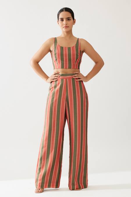 Shop_Koai_Red Cotton, Silk Stripe Print Pant _Online_at_Aza_Fashions