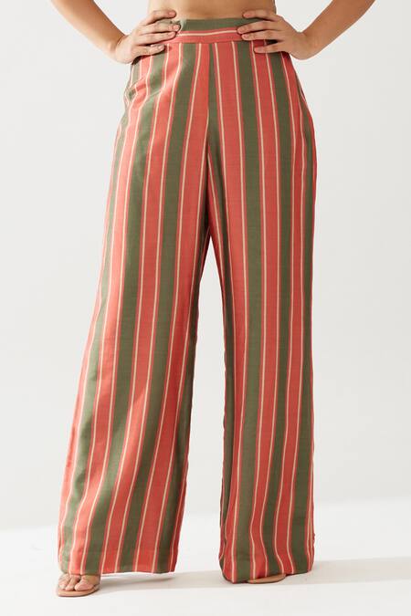 Koai_Red Cotton, Silk Stripe Print Pant _at_Aza_Fashions
