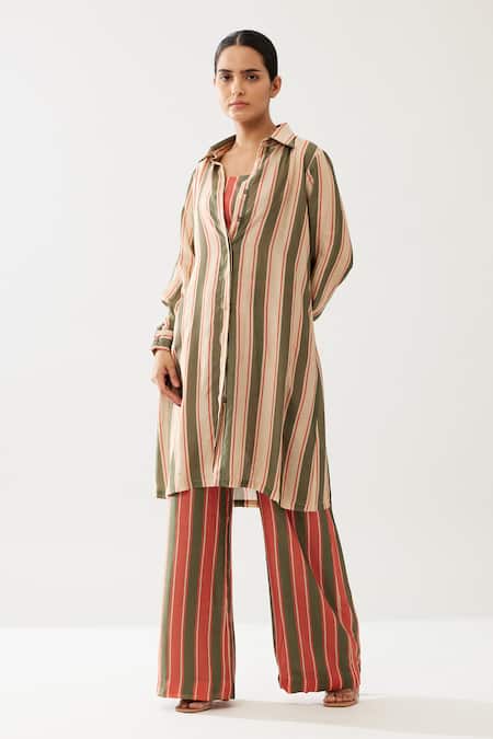 Koai Green Cotton, Silk Collared Stripe Print Shirt Online at Aza Fashions Koai_Green Cotton, Silk Collared Stripe Print Shirt _Online_at_Aza_Fashions
