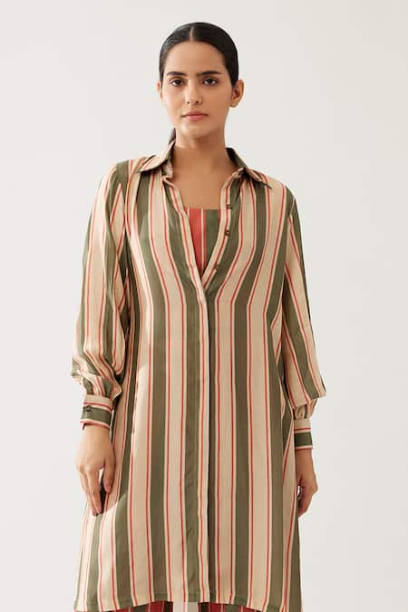 Shop Koai Green Cotton, Silk Collared Stripe Print Shirt Online at Aza Fashions Shop_Koai_Green Cotton, Silk Collared Stripe Print Shirt _Online_at_Aza_Fashions